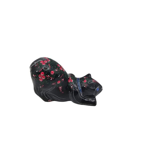 Vintage 1990s Thai Lacquered Mango Wood Hand Painted Cat Stretching Black Floral - Picture 3 of 6
